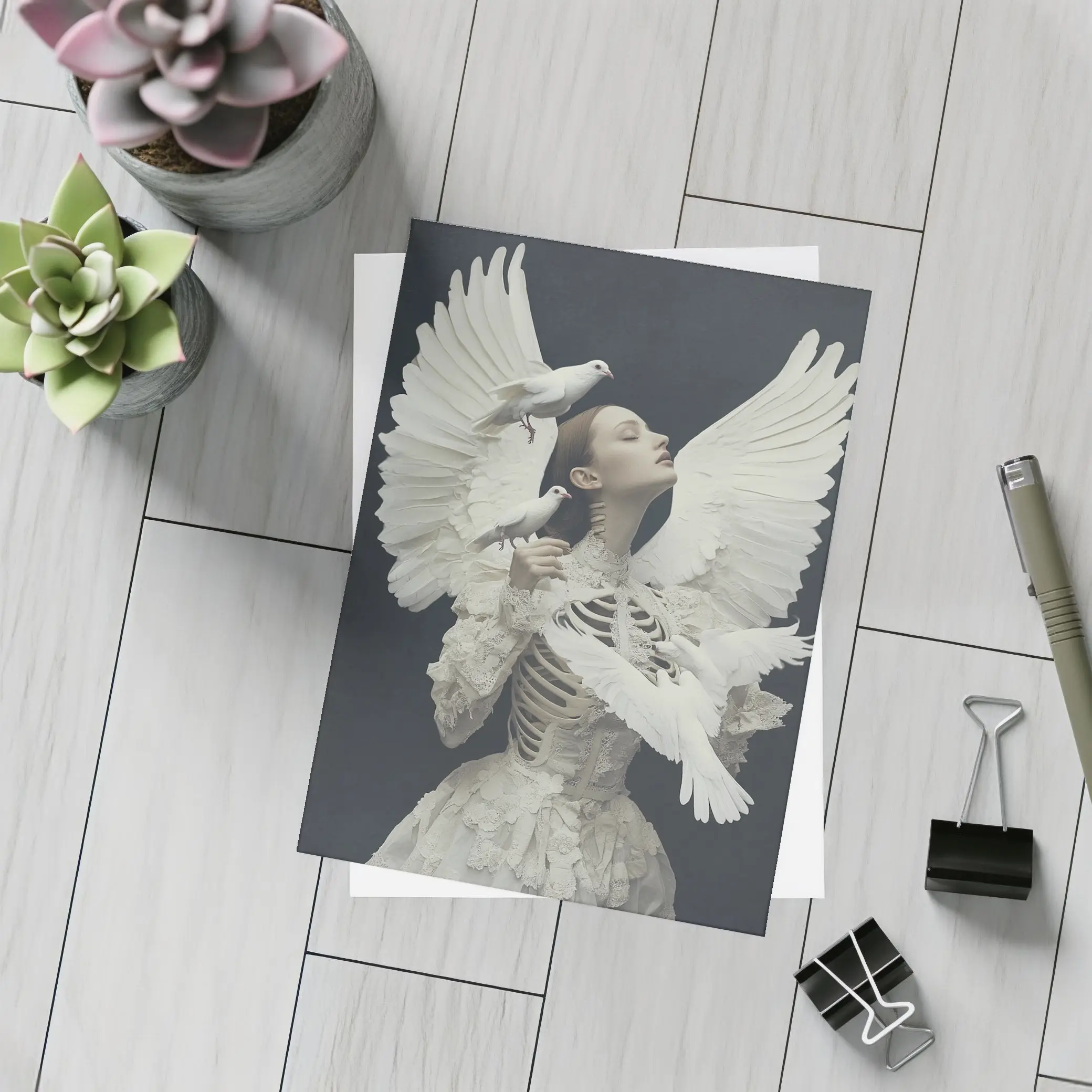 Woman With White Doves Skeleton Dark Background – Postcards
