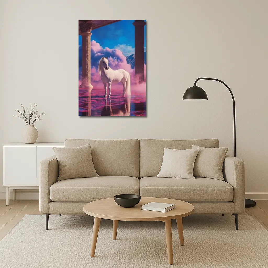 White Horse Standing in Dreamy Pink Clouds – Wall Art