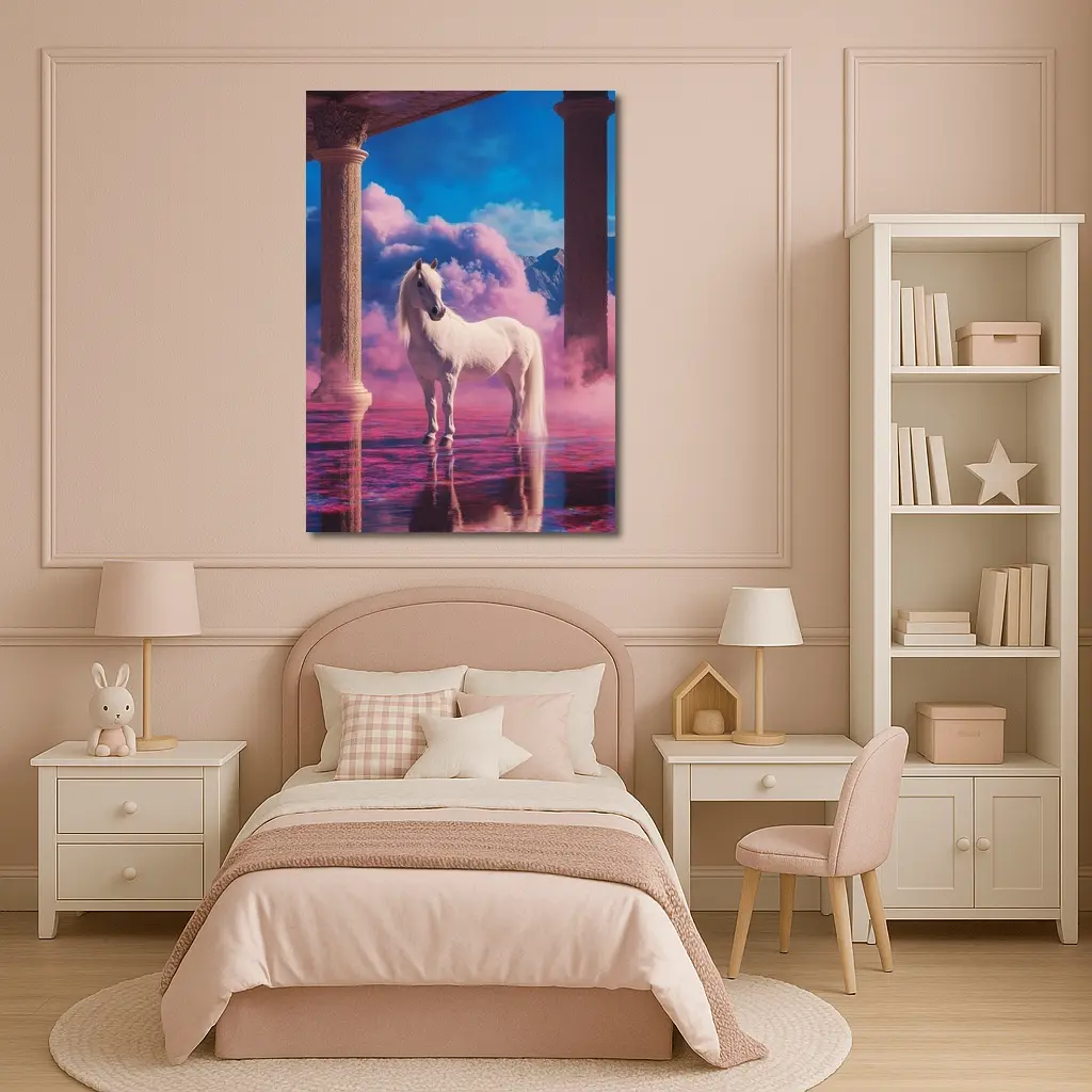 White Horse Standing in Dreamy Pink Clouds – Wall Art