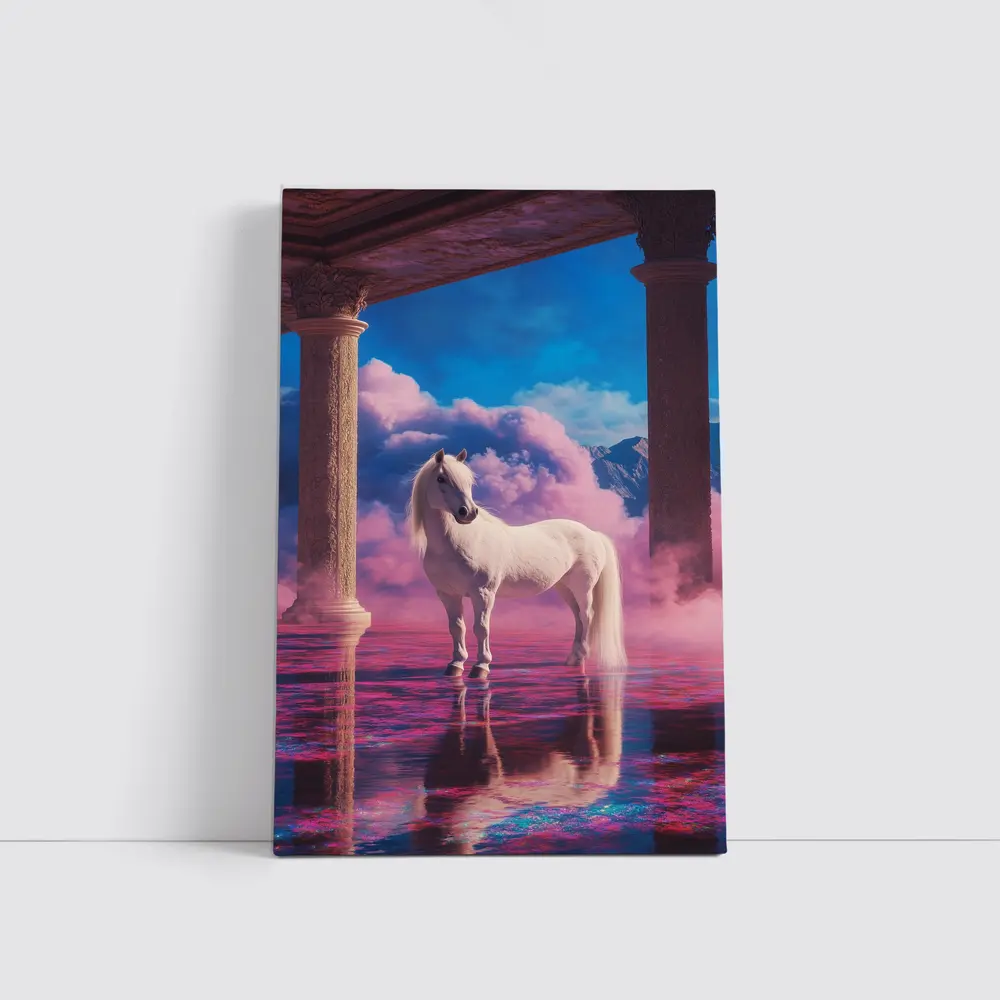 White Horse Standing in Dreamy Pink Clouds – Wall Art
