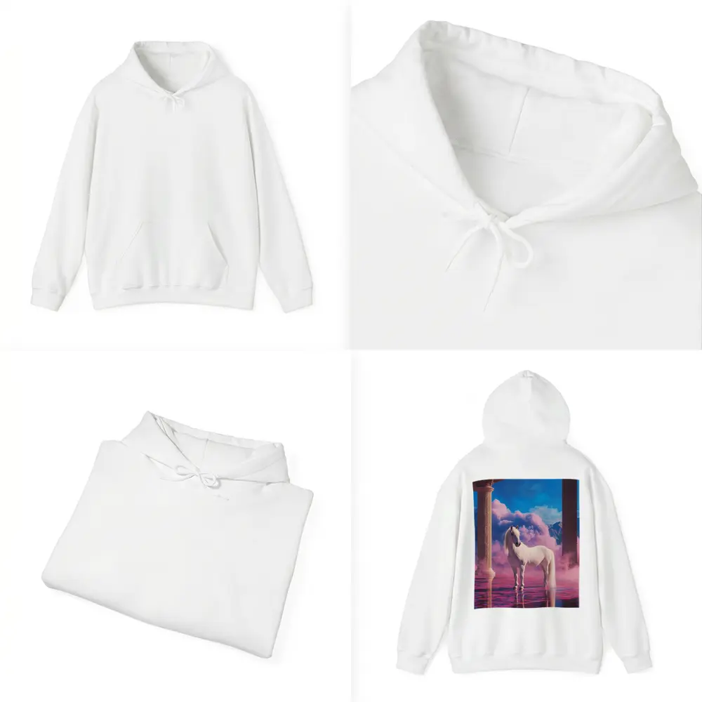 White Horse Standing in Dreamy Pink Clouds – Hoodies