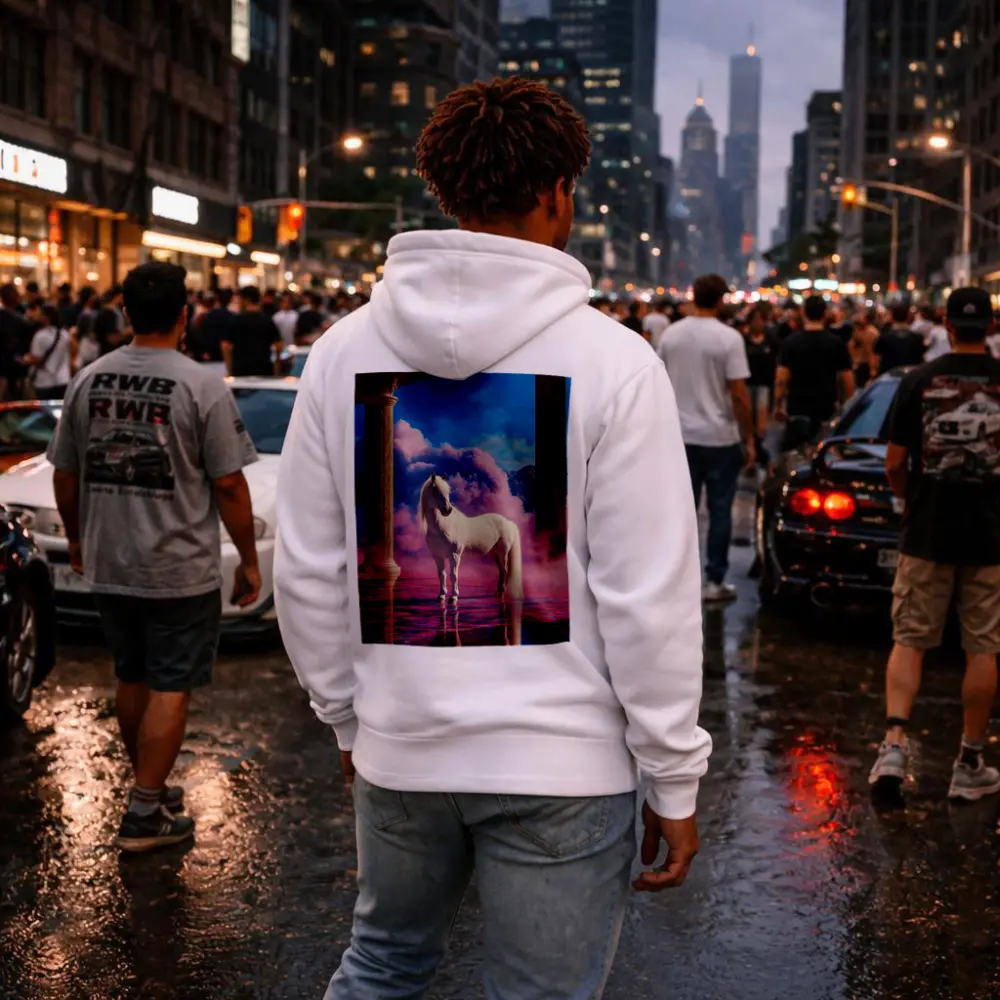 White Horse Standing in Dreamy Pink Clouds – Hoodies