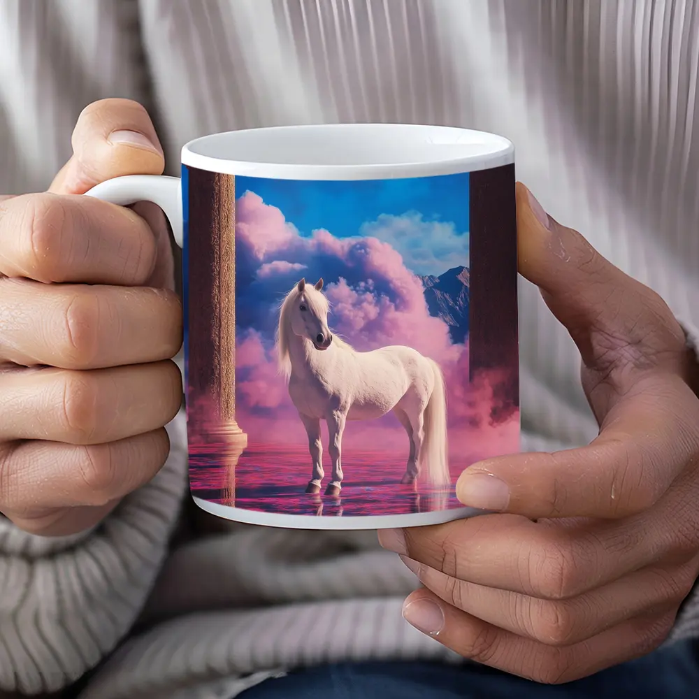 White Horse Standing in Dreamy Pink Clouds – Mugs