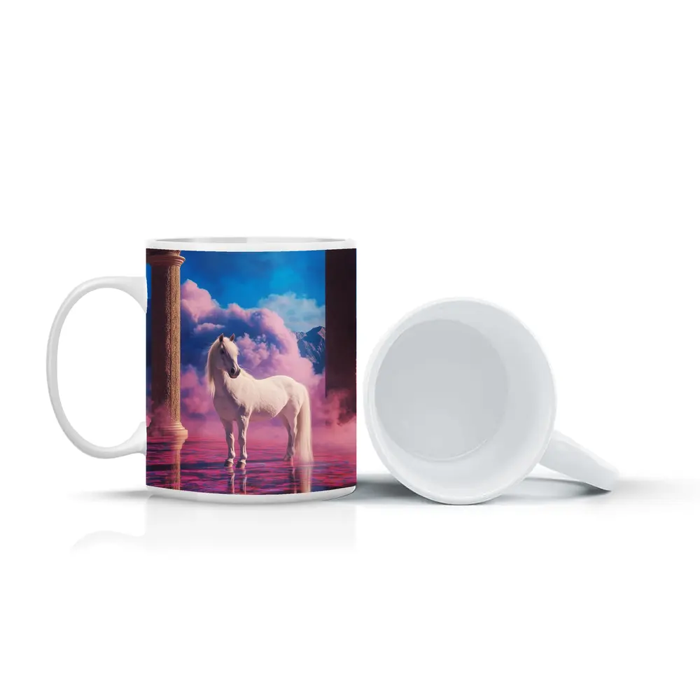 White Horse Standing in Dreamy Pink Clouds – Mugs
