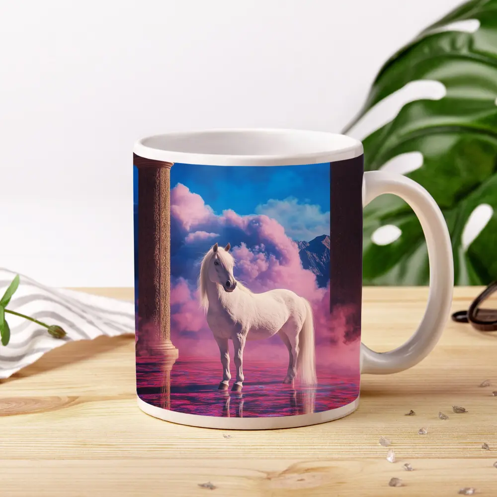 White Horse Standing in Dreamy Pink Clouds – Mugs