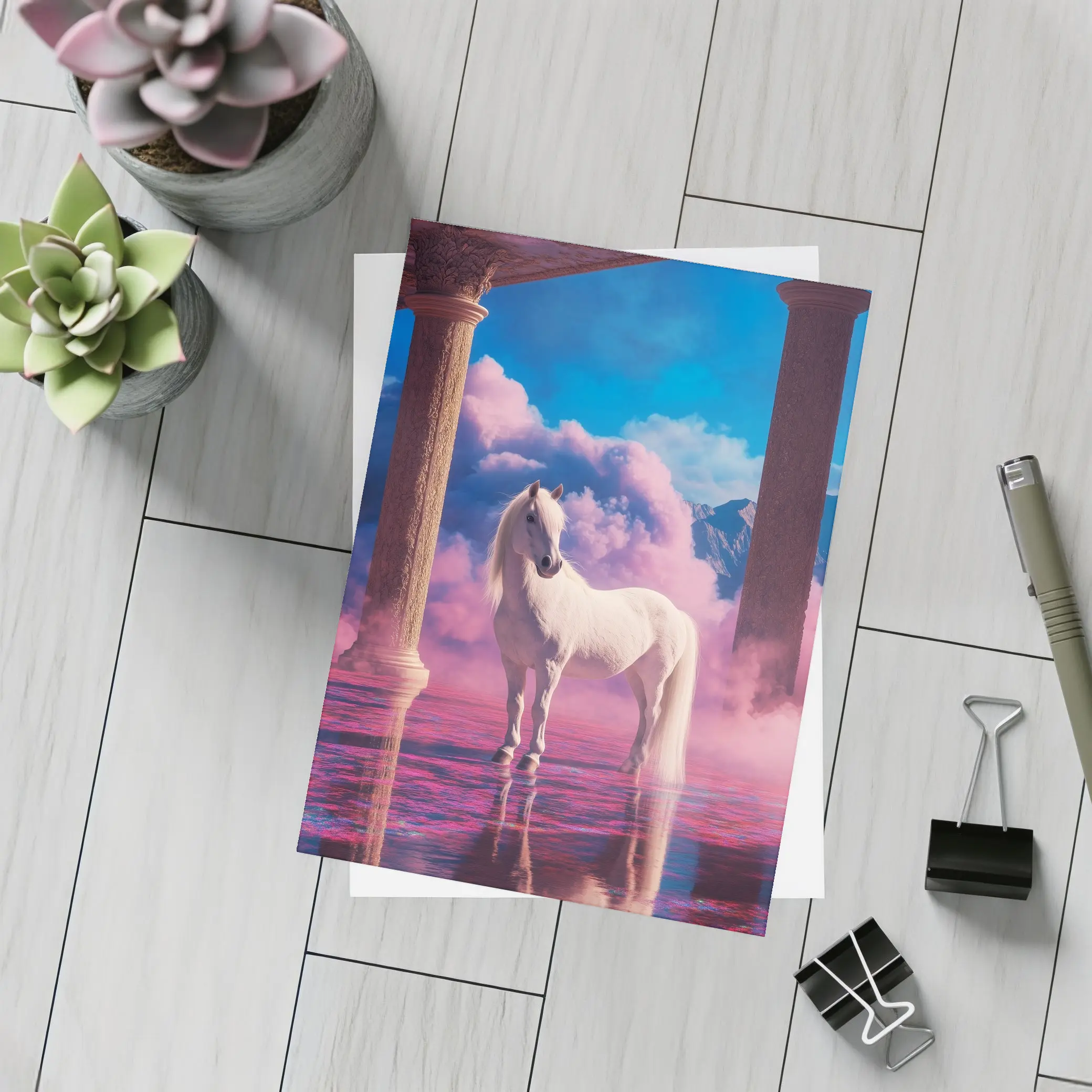 White Horse Standing in Dreamy Pink Clouds – Postcards