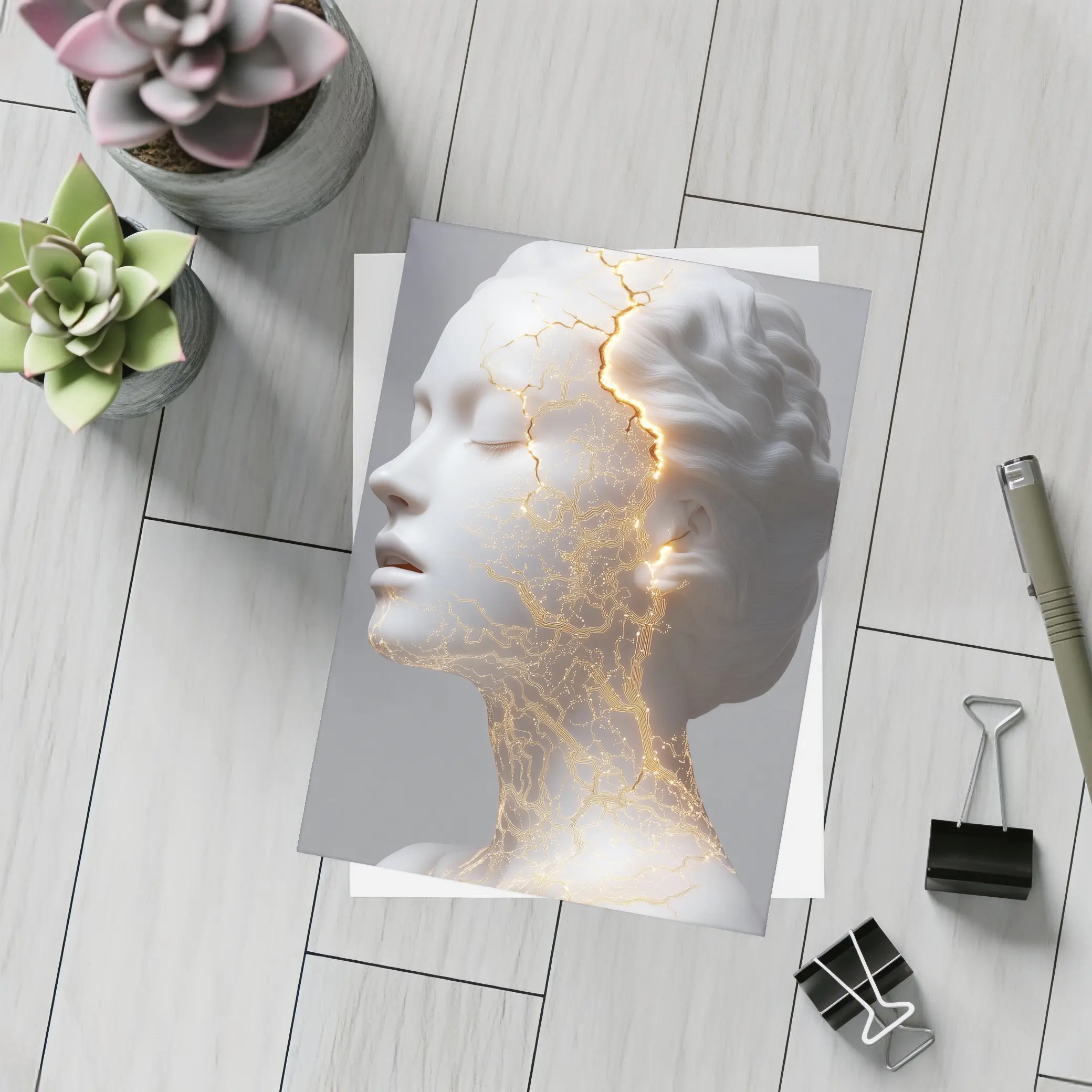 White Marble Bust Golden Cracked Light – Postcards