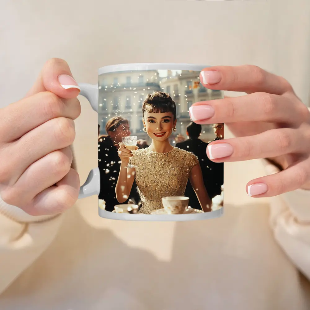 Elegant Woman Champagne Toast Paris Street – Mugs