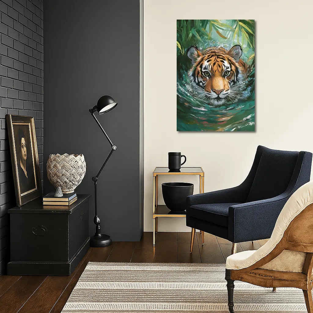 Tiger Swimming Through Jungle Water Art – Wall Art