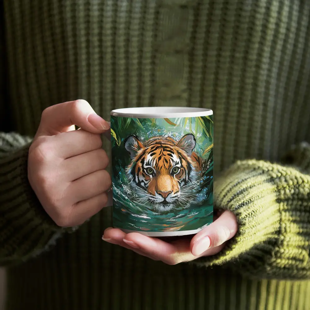 Tiger Swimming Through Jungle Water Art – Mugs