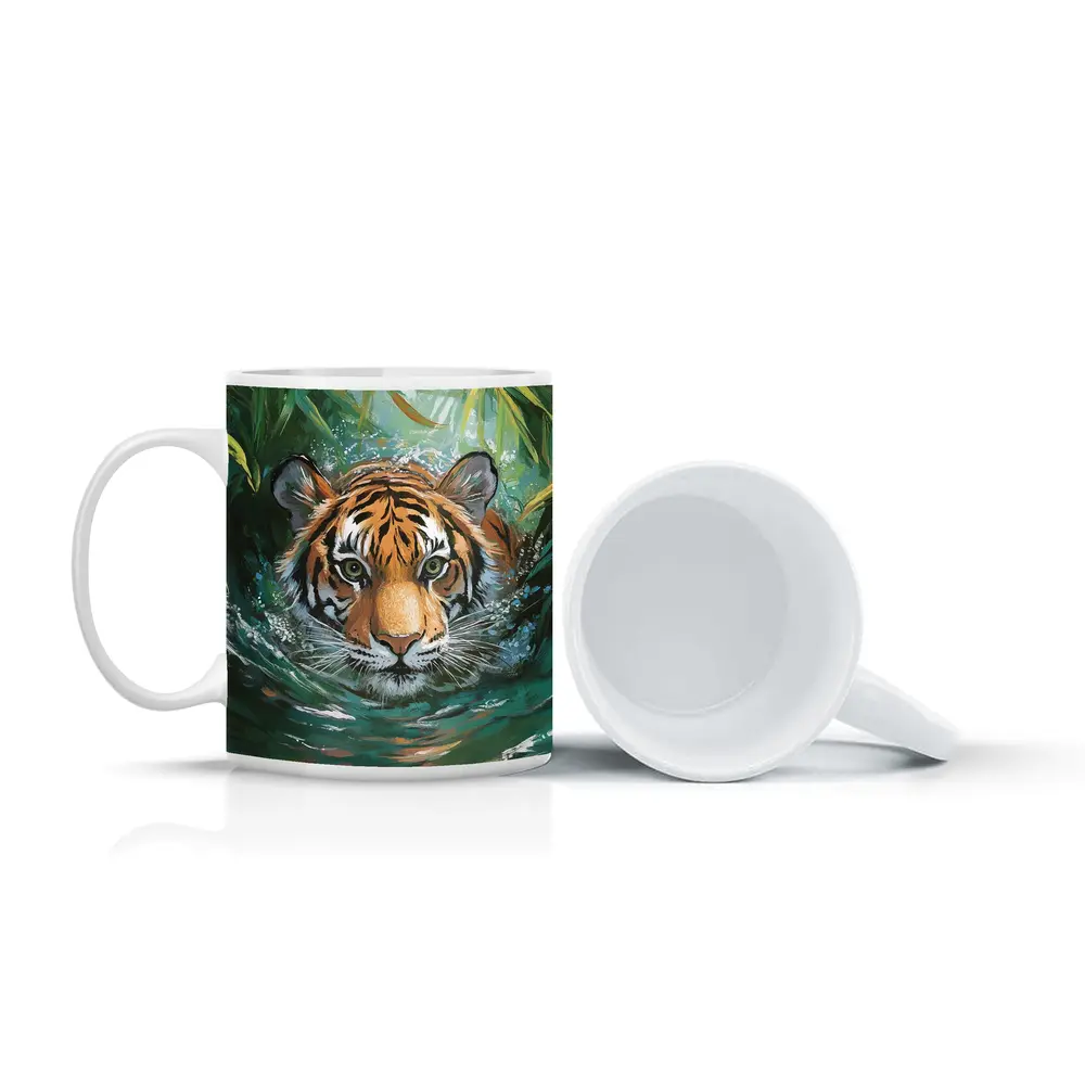 Tiger Swimming Through Jungle Water Art – Mugs