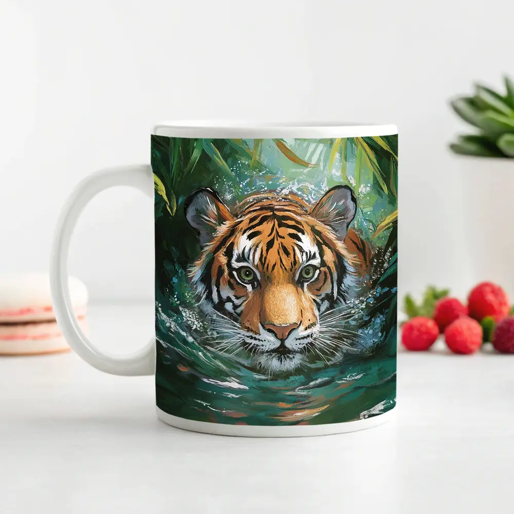 Tiger Swimming Through Jungle Water Art – Mugs