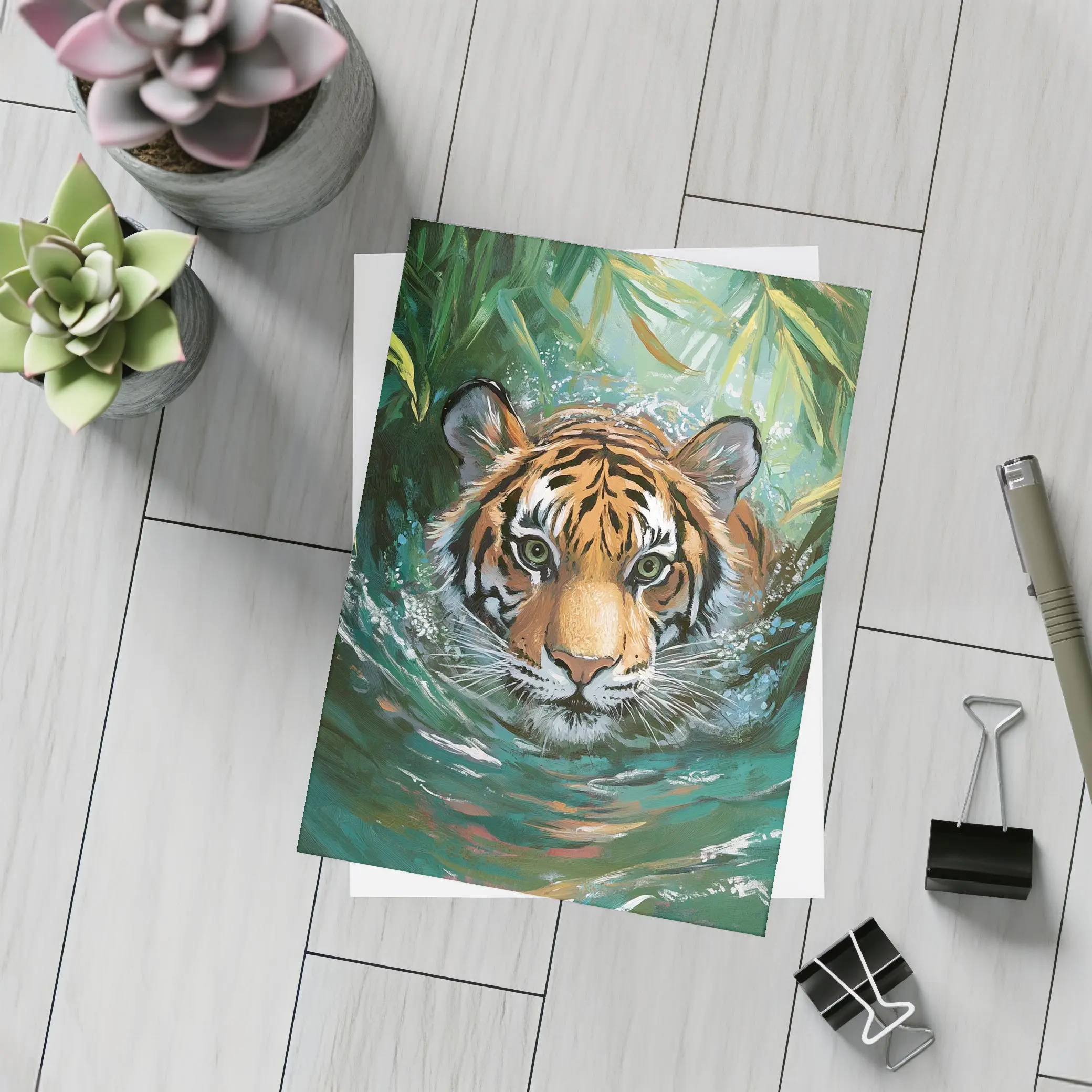 Tiger Swimming Through Jungle Water Art – Postcards