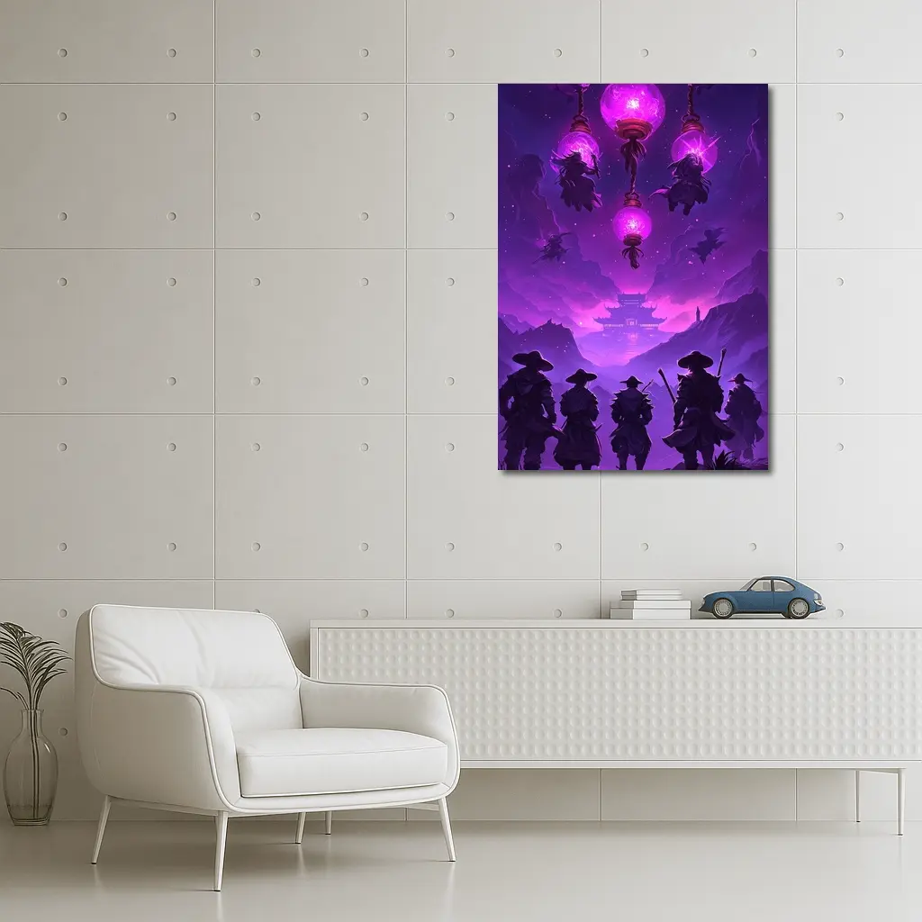 Samurai Warriors Purple Glowing Lanterns Night – Wall Art