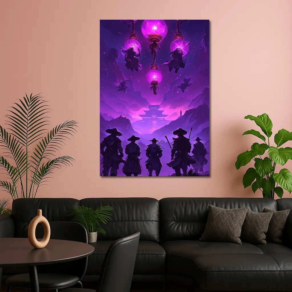 Samurai Warriors Purple Glowing Lanterns Night – Wall Art