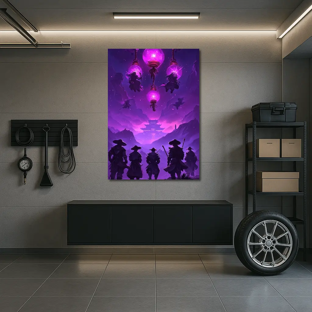 Samurai Warriors Purple Glowing Lanterns Night – Wall Art
