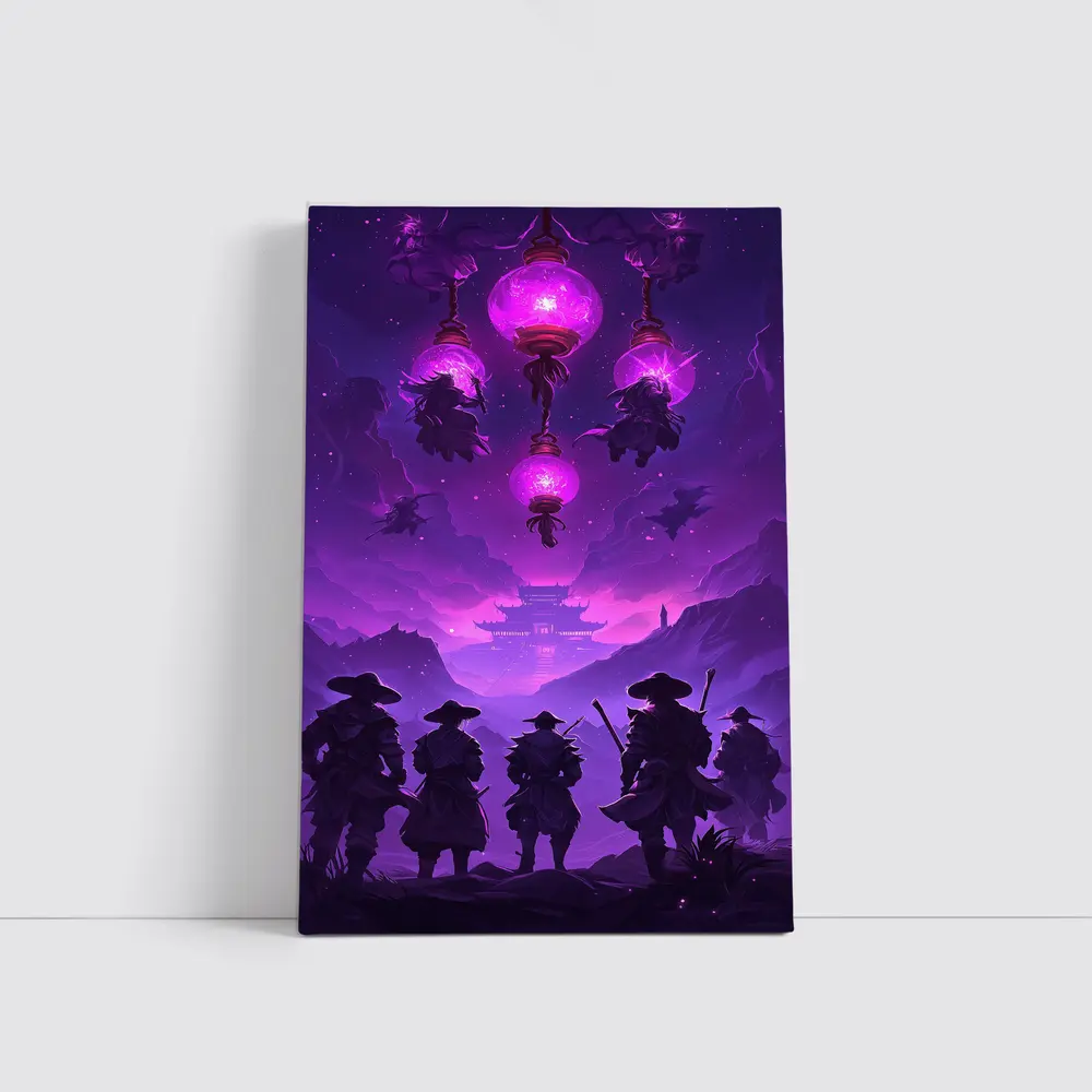 Samurai Warriors Purple Glowing Lanterns Night – Wall Art