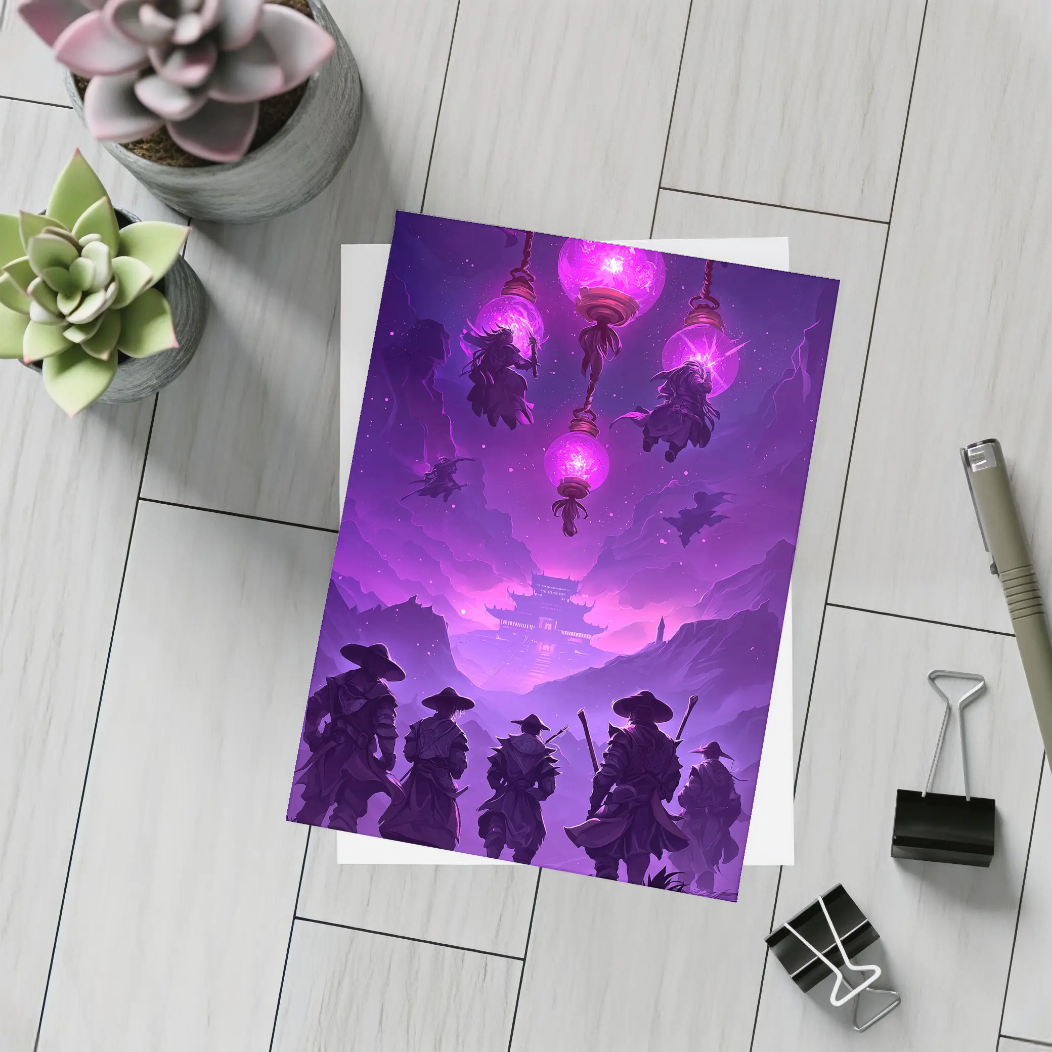 Samurai Warriors Purple Glowing Lanterns Night – Postcards