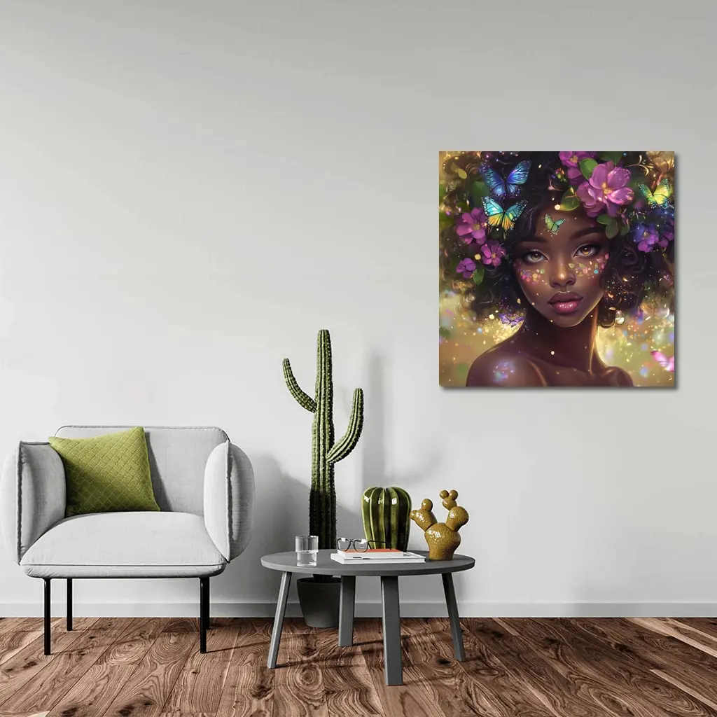 Fantasy Black Woman Butterflies Purple Flowers Art – Wall Art