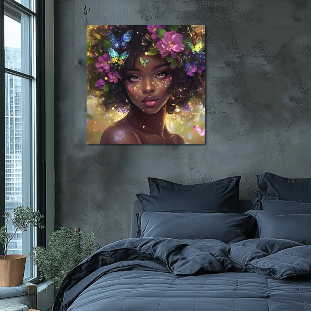 Fantasy Black Woman Butterflies Purple Flowers Art – Wall Art