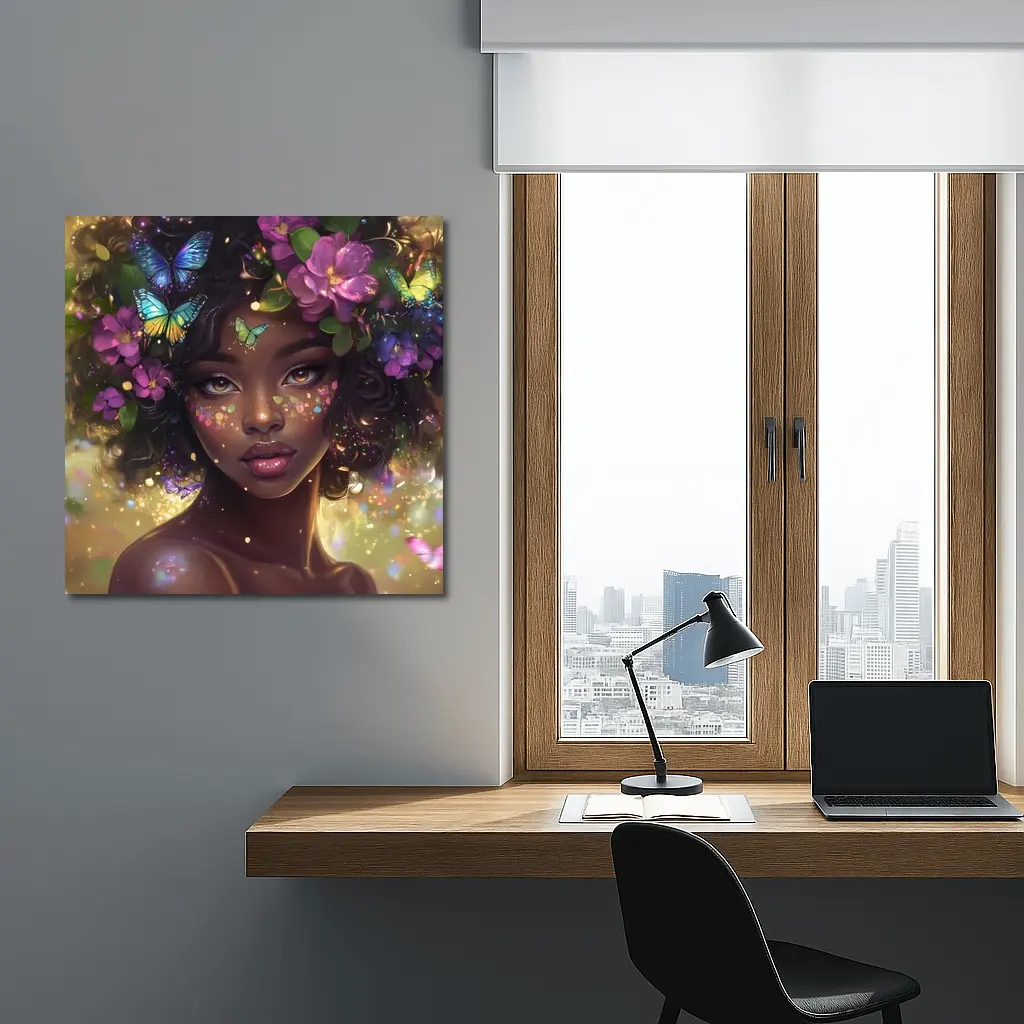 Fantasy Black Woman Butterflies Purple Flowers Art – Wall Art