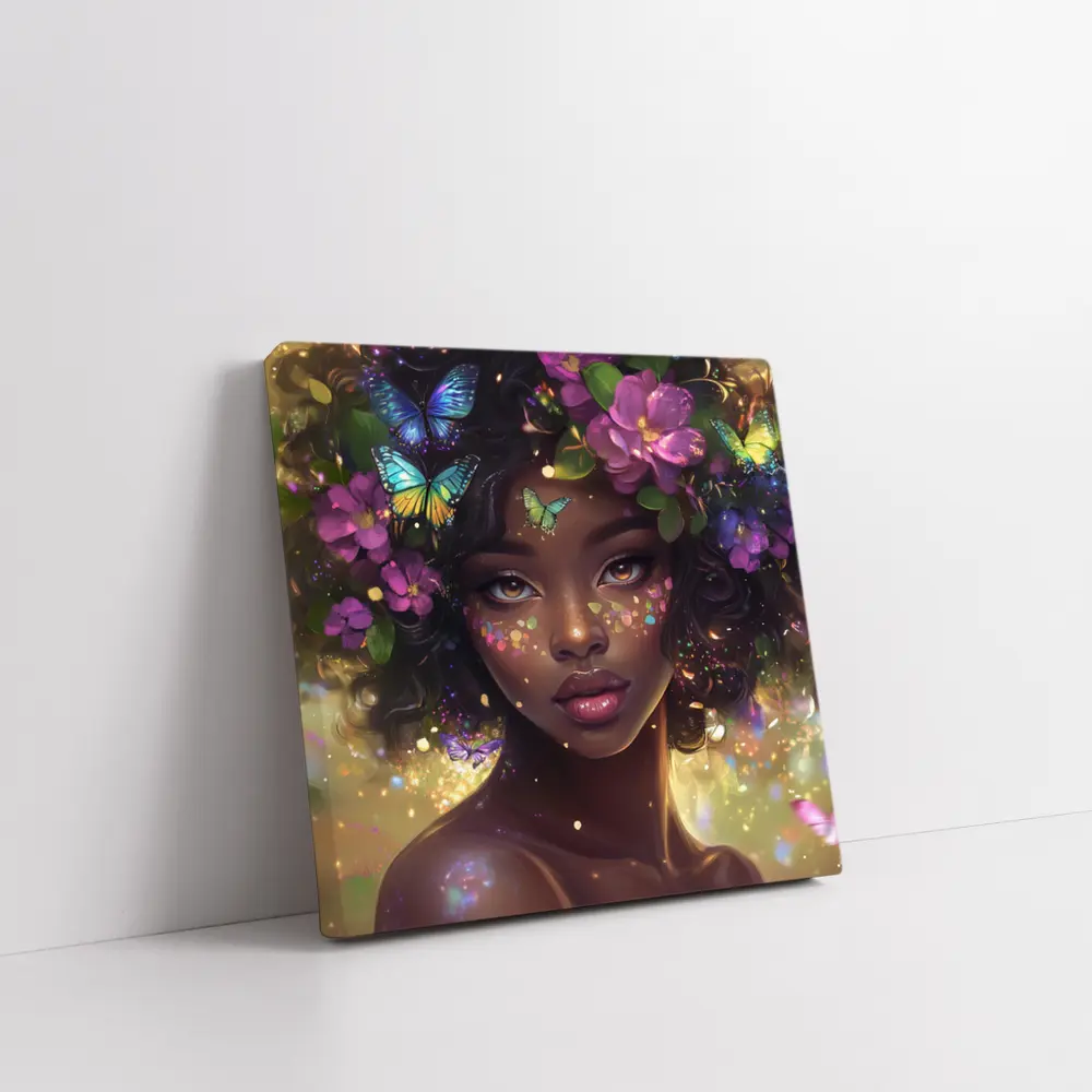 Fantasy Black Woman Butterflies Purple Flowers Art – Wall Art