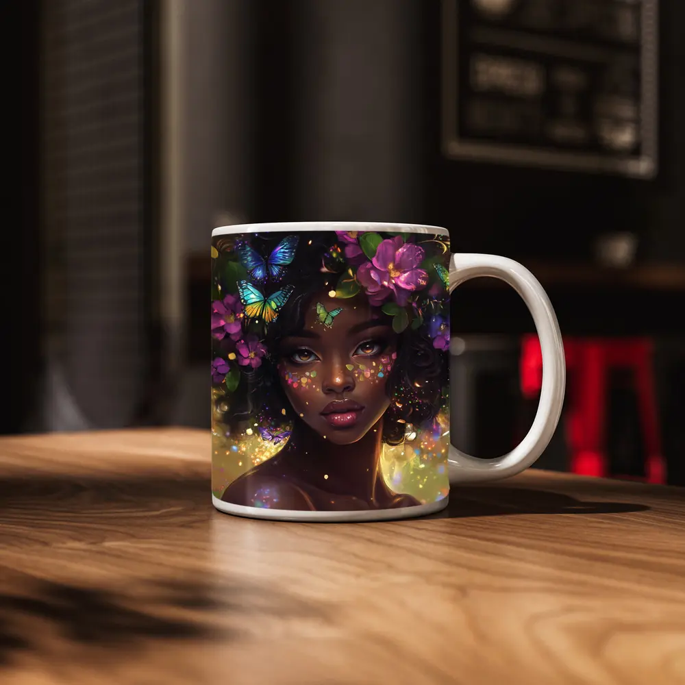 Fantasy Black Woman Butterflies Purple Flowers Art – Mugs