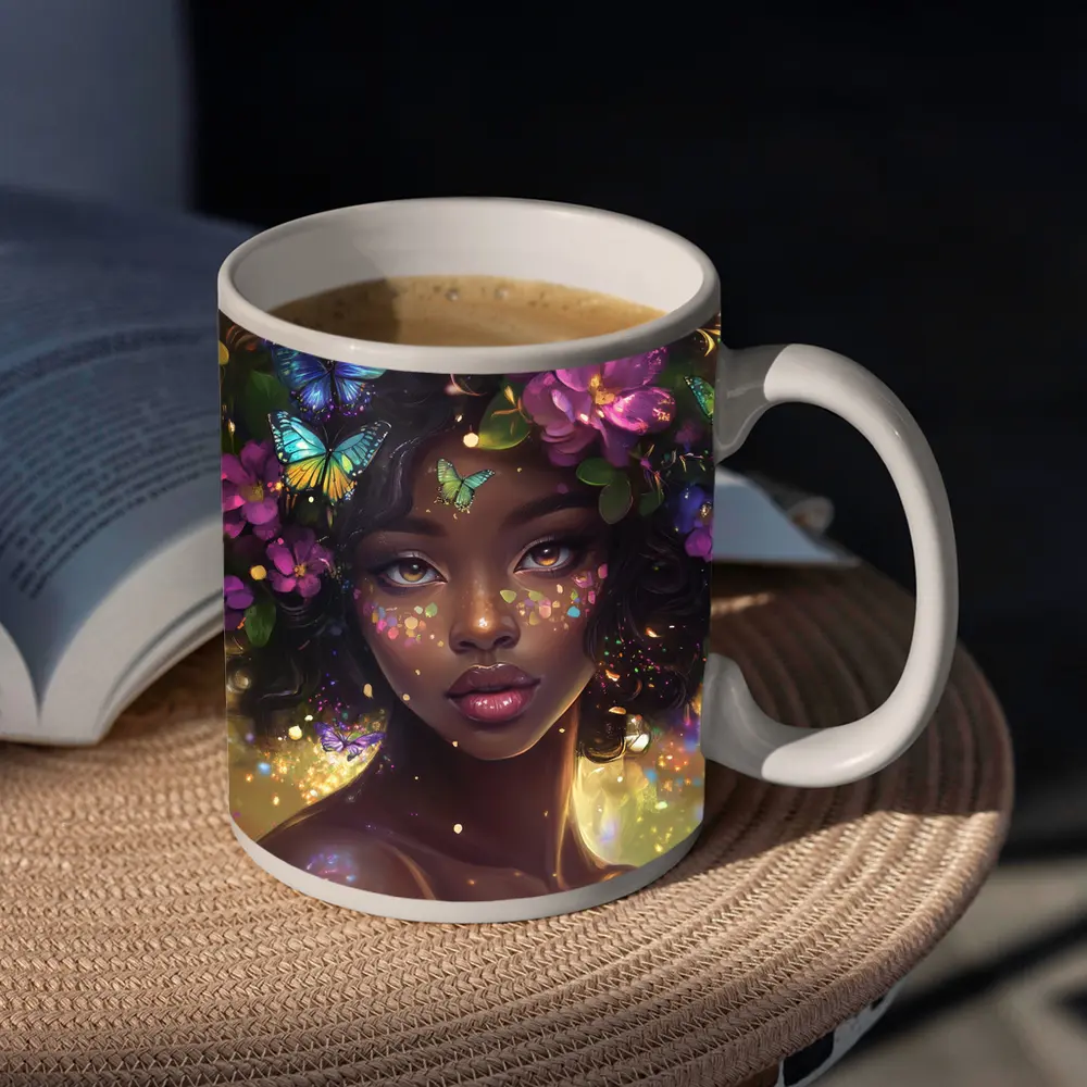 Fantasy Black Woman Butterflies Purple Flowers Art – Mugs