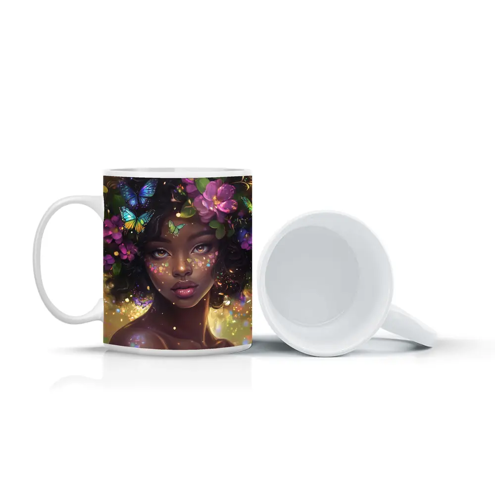 Fantasy Black Woman Butterflies Purple Flowers Art – Mugs