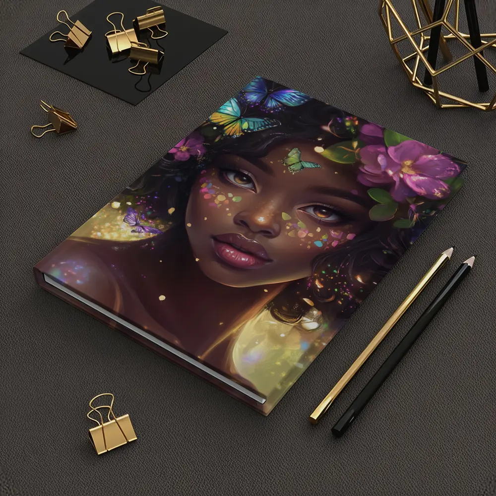 Fantasy Black Woman Butterflies Purple Flowers Art – Notebooks