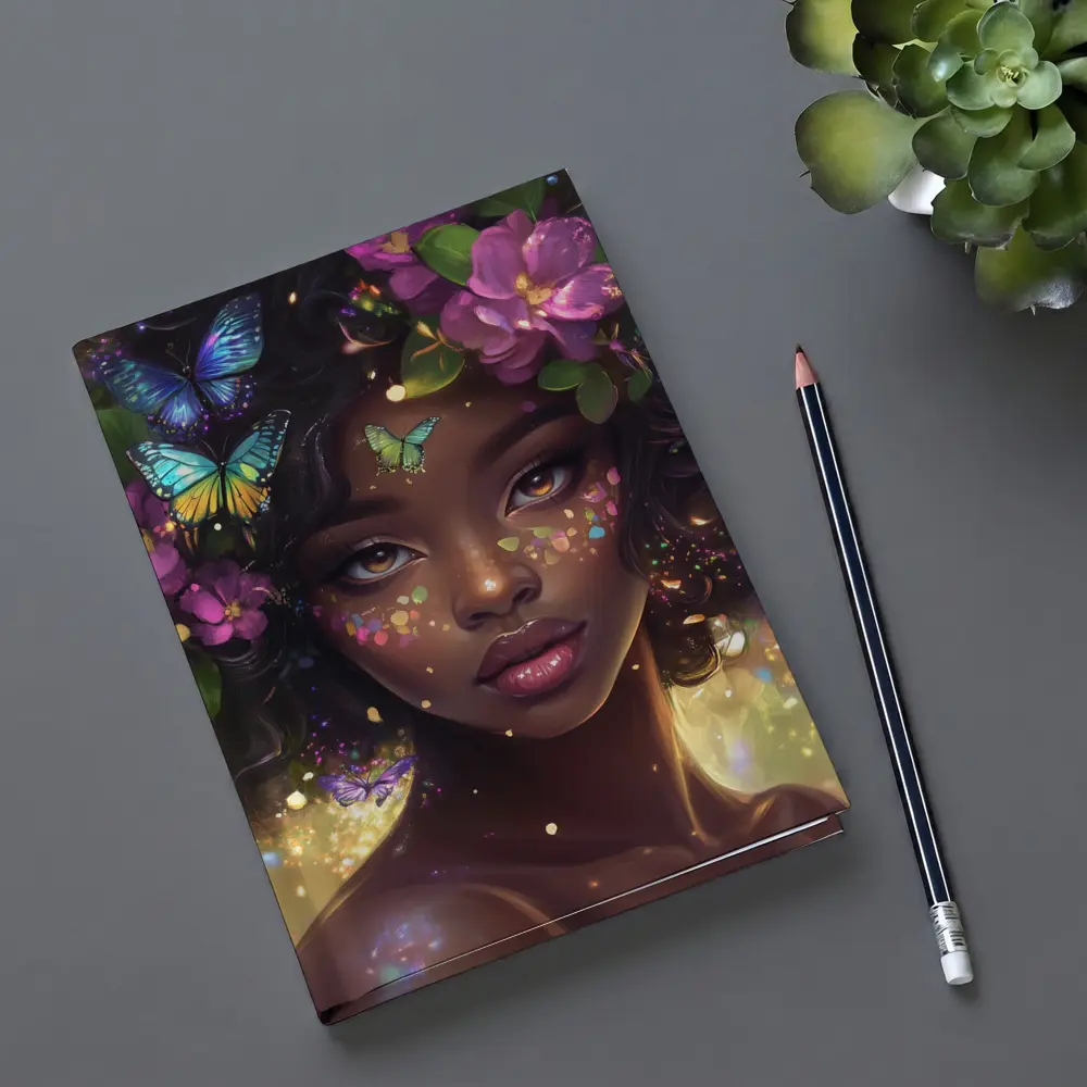Fantasy Black Woman Butterflies Purple Flowers Art – Notebooks