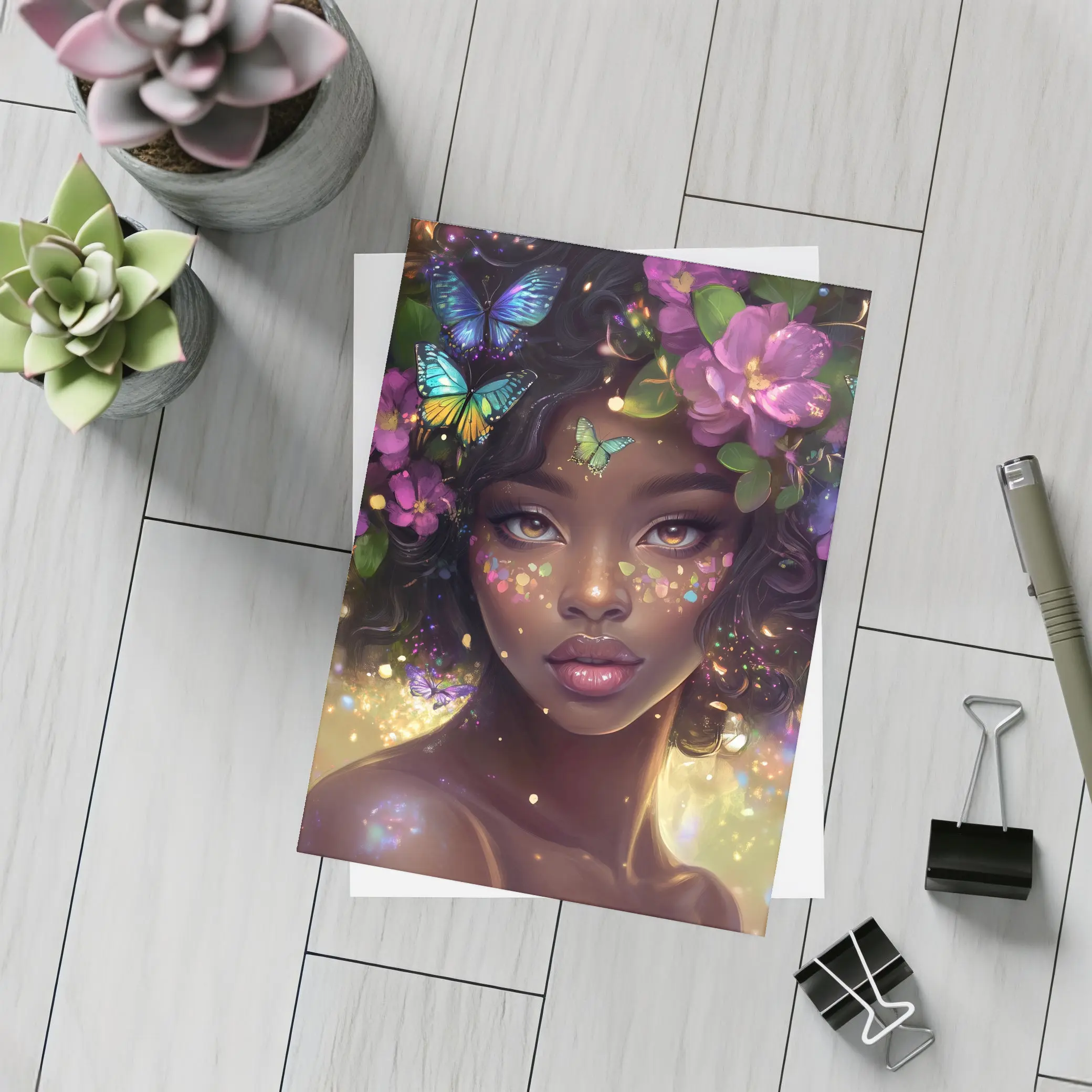 Fantasy Black Woman Butterflies Purple Flowers Art – Postcards