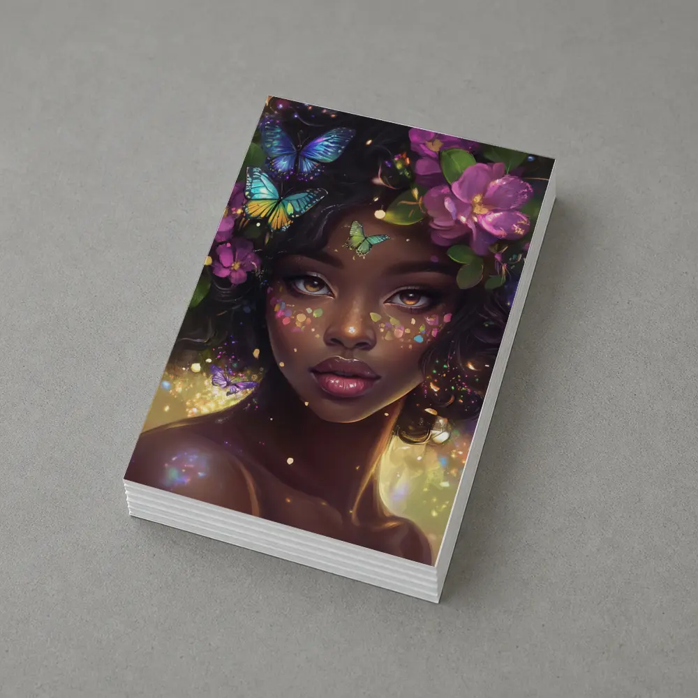 Fantasy Black Woman Butterflies Purple Flowers Art – Postcards