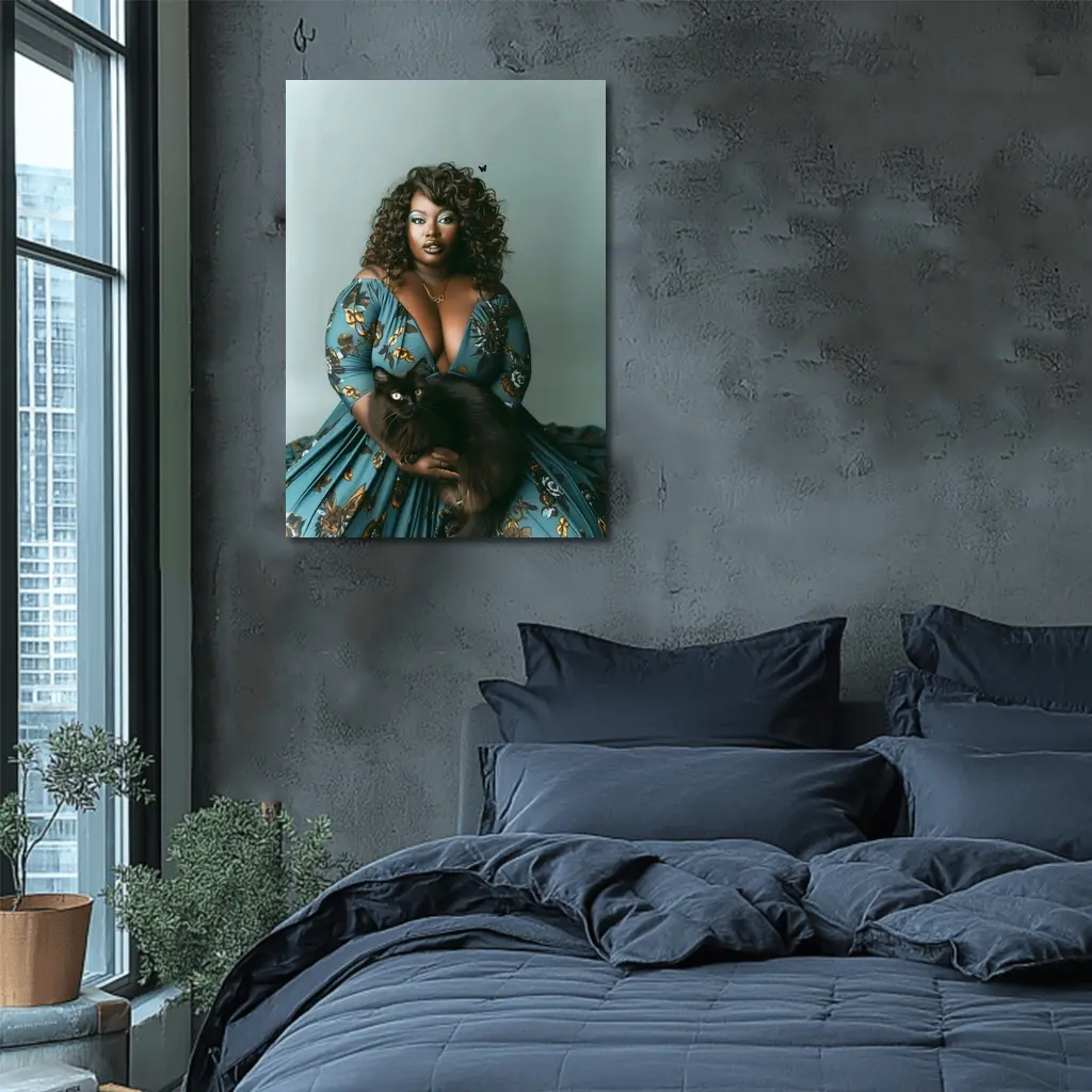 Woman in Blue Floral Gown Holding Black Cat – Wall Art