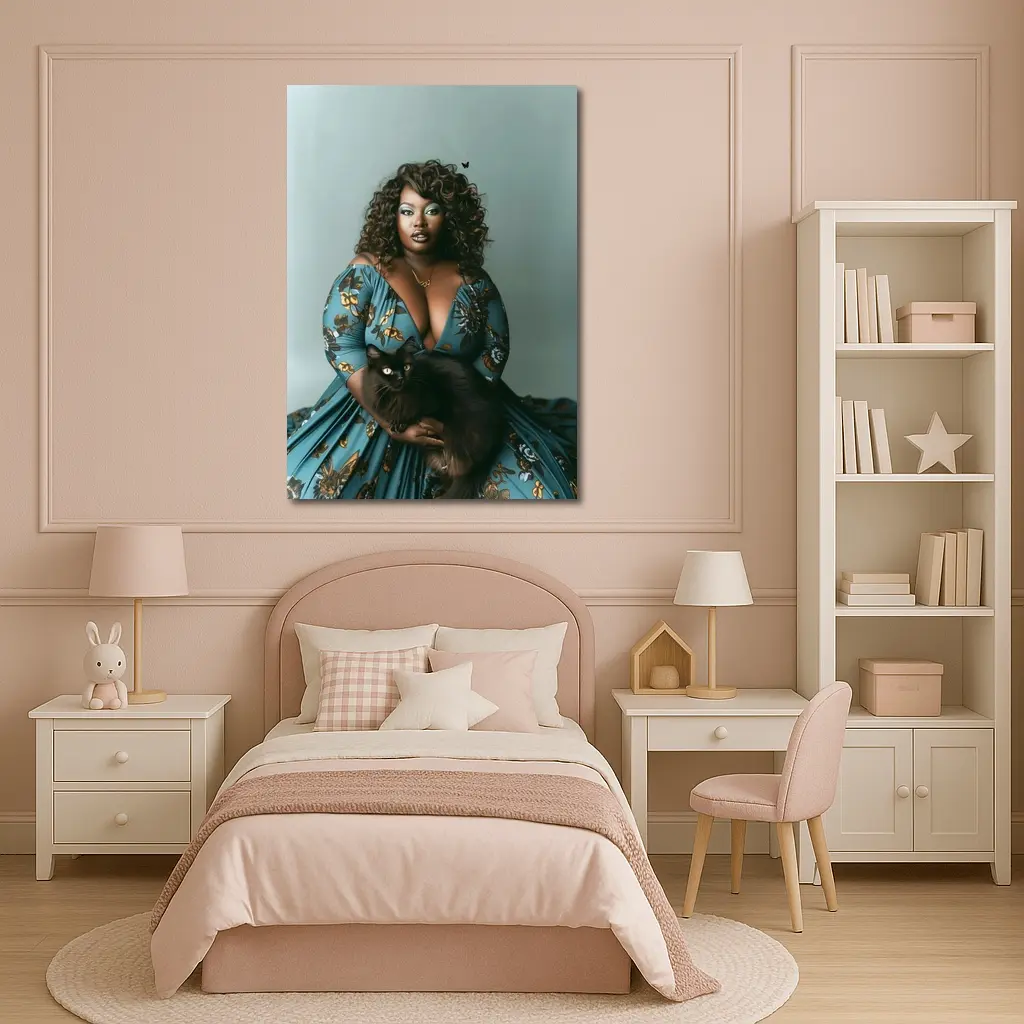 Woman in Blue Floral Gown Holding Black Cat – Wall Art