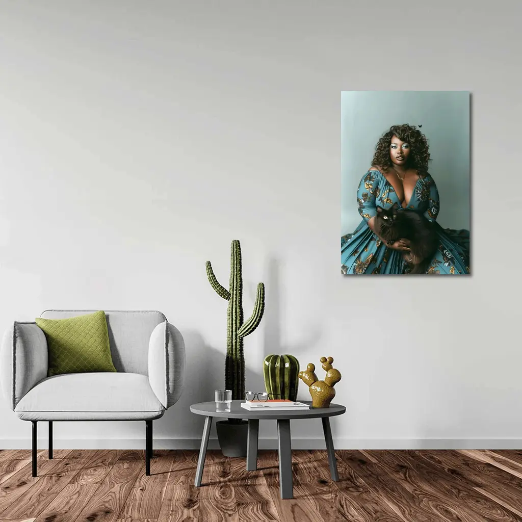 Woman in Blue Floral Gown Holding Black Cat – Wall Art