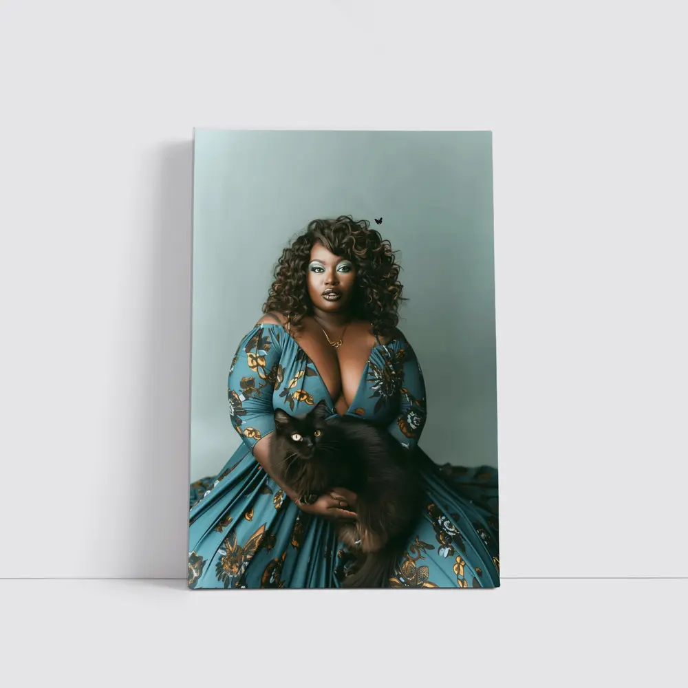 Woman in Blue Floral Gown Holding Black Cat – Wall Art