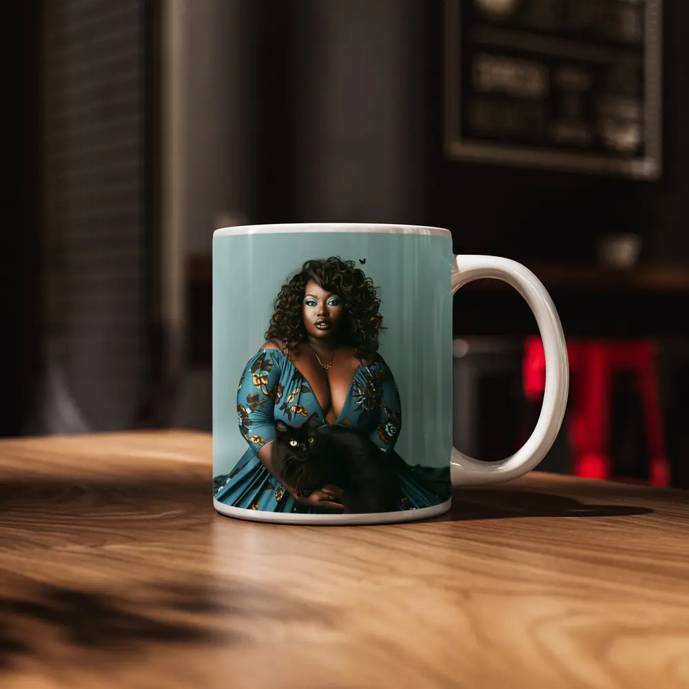 Woman in Blue Floral Gown Holding Black Cat – Mugs