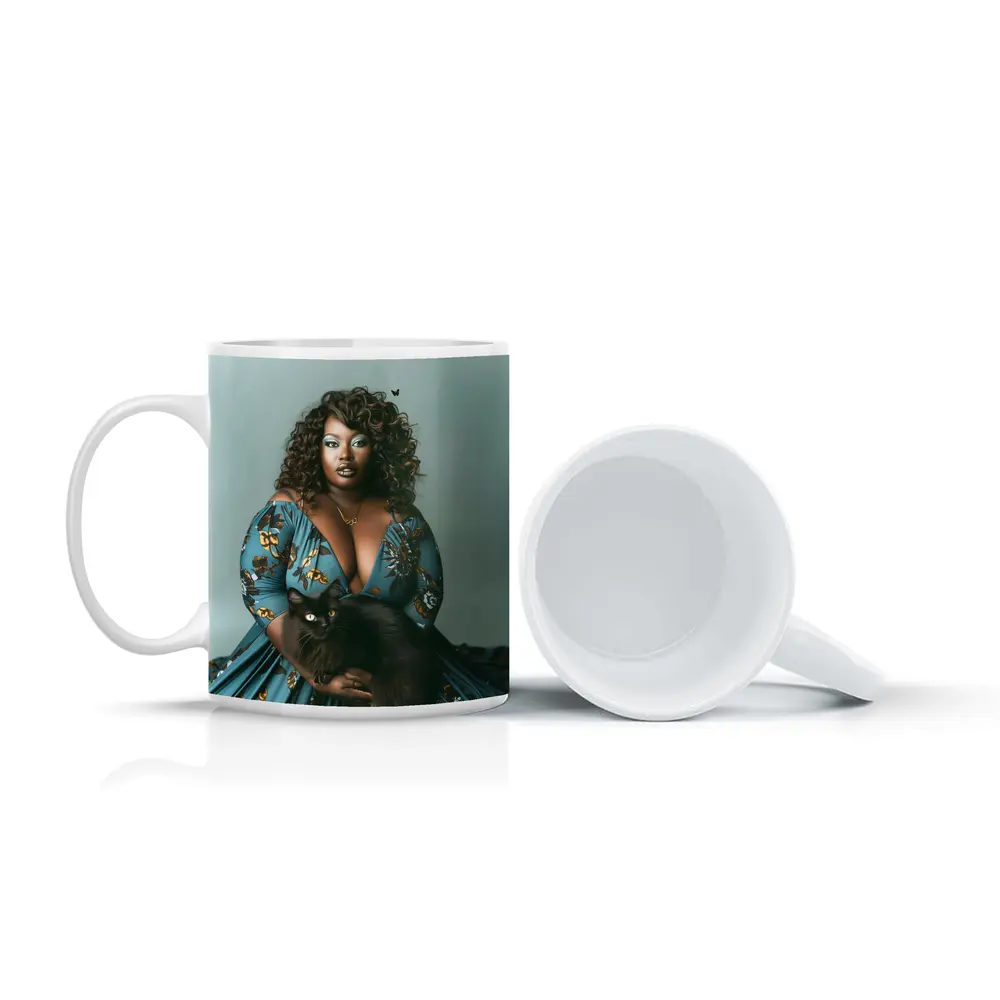 Woman in Blue Floral Gown Holding Black Cat – Mugs
