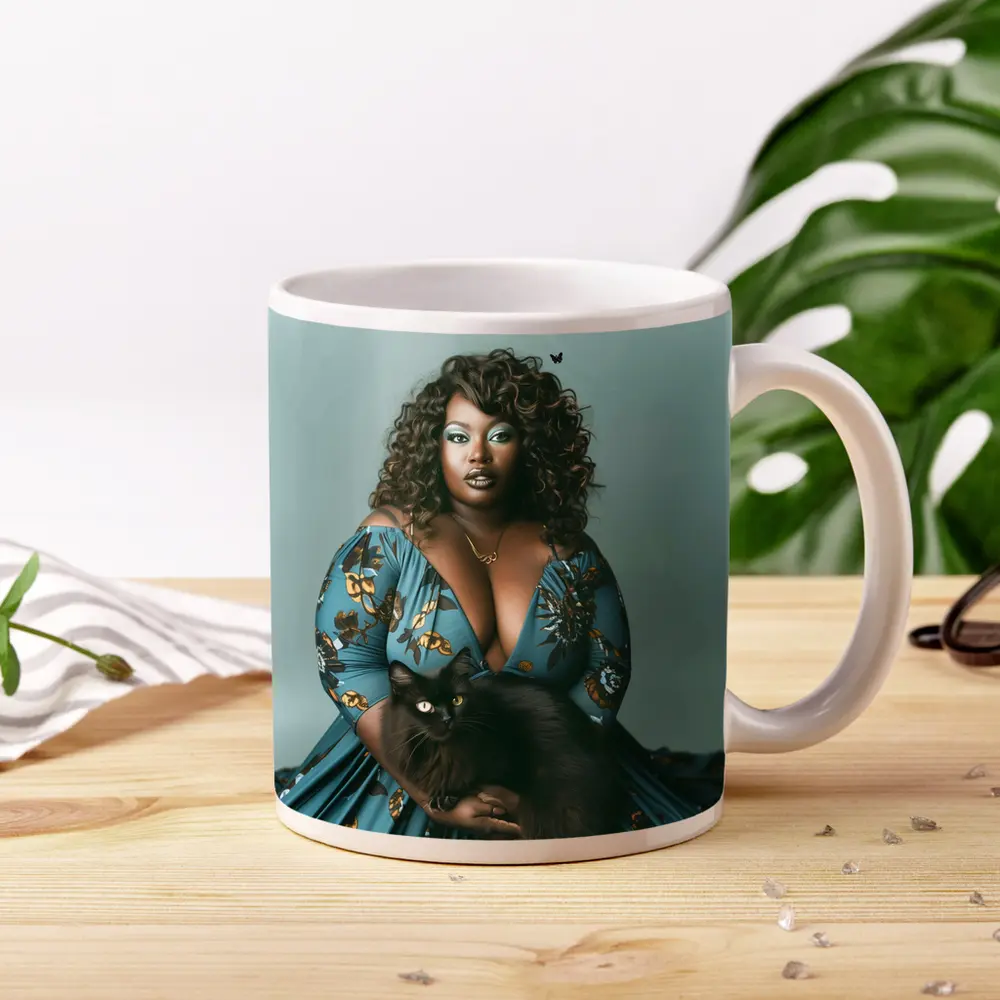 Woman in Blue Floral Gown Holding Black Cat – Mugs