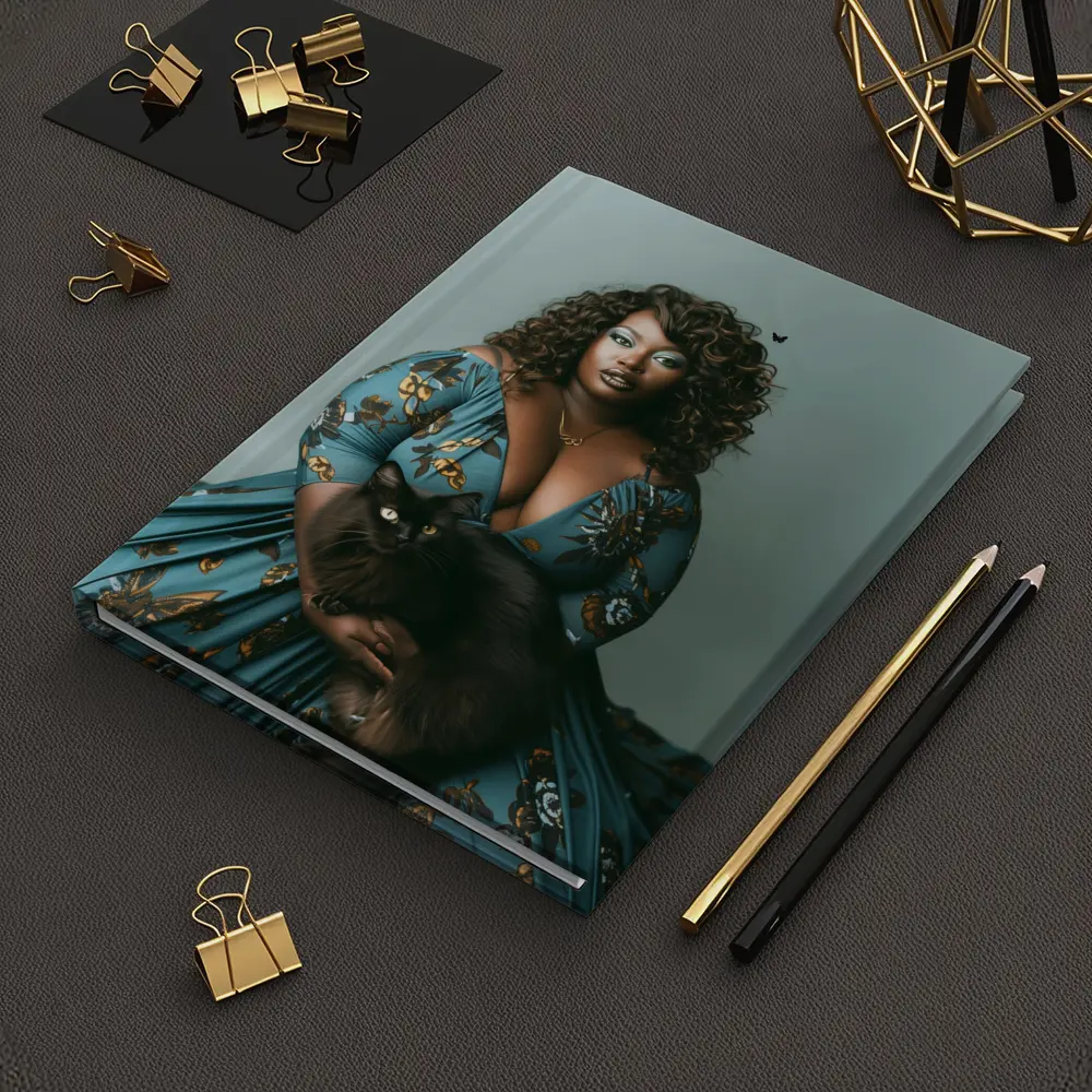 Woman in Blue Floral Gown Holding Black Cat – Notebooks