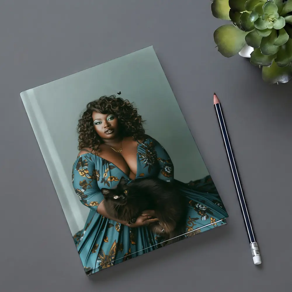 Woman in Blue Floral Gown Holding Black Cat – Notebooks