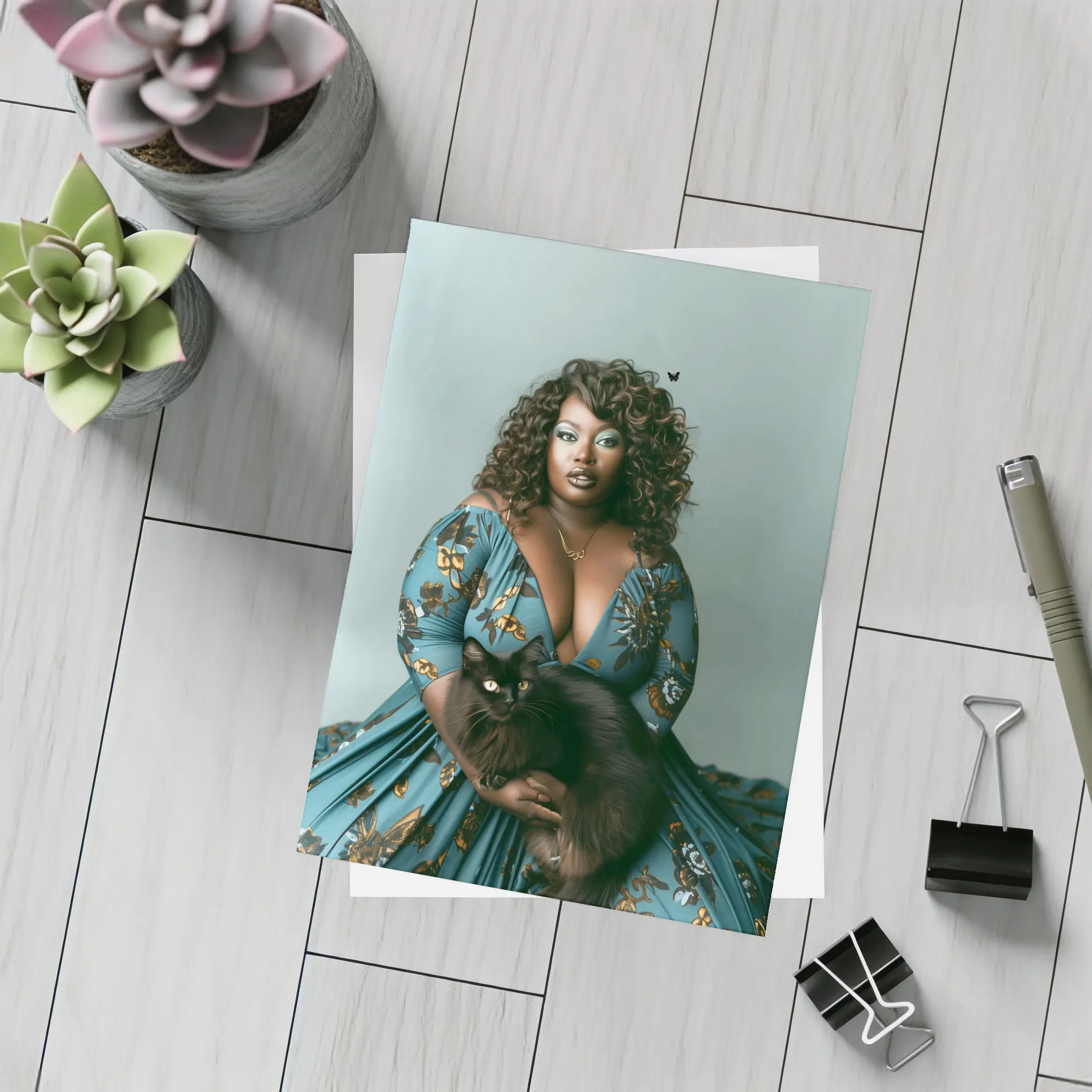 Woman in Blue Floral Gown Holding Black Cat – Postcards