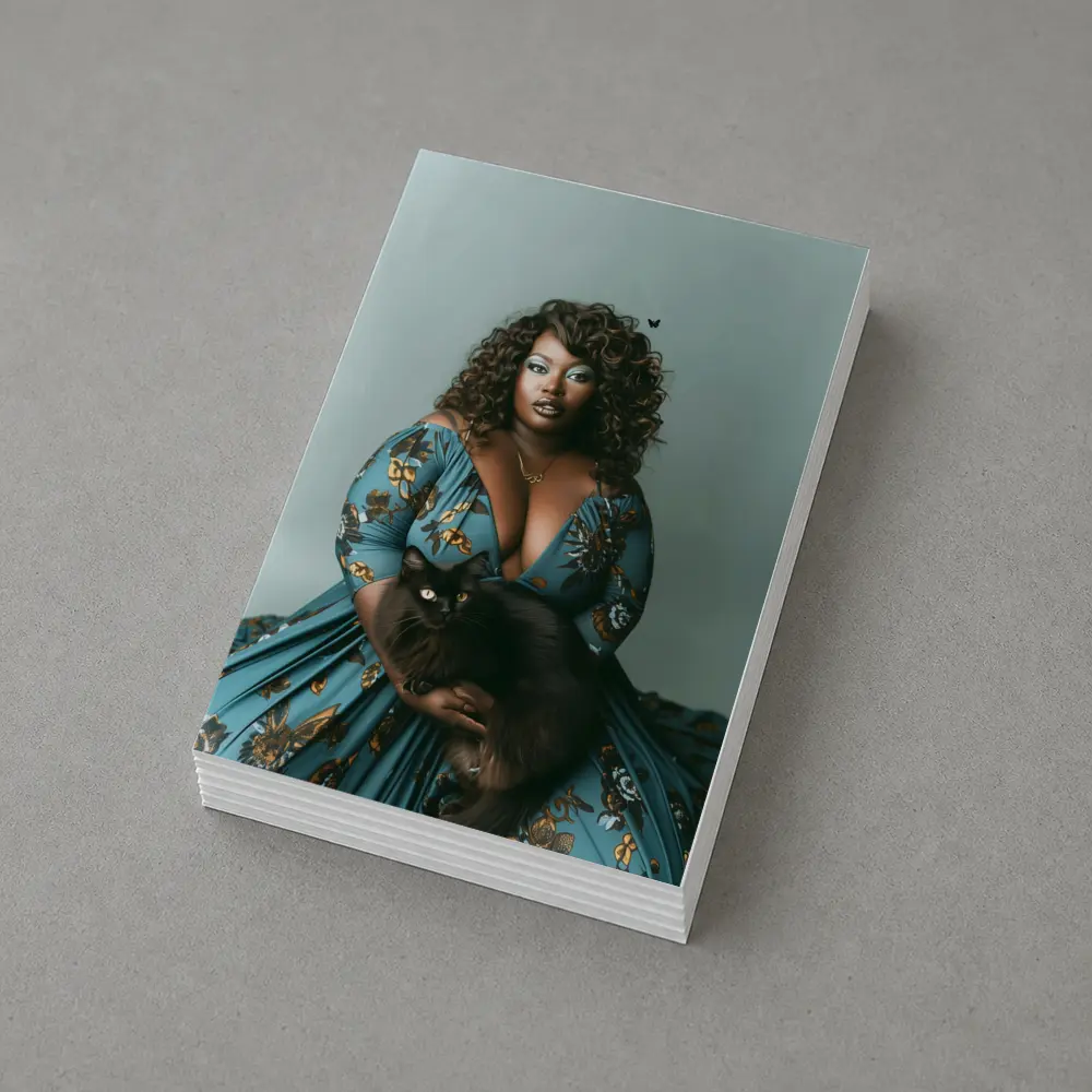 Woman in Blue Floral Gown Holding Black Cat – Postcards