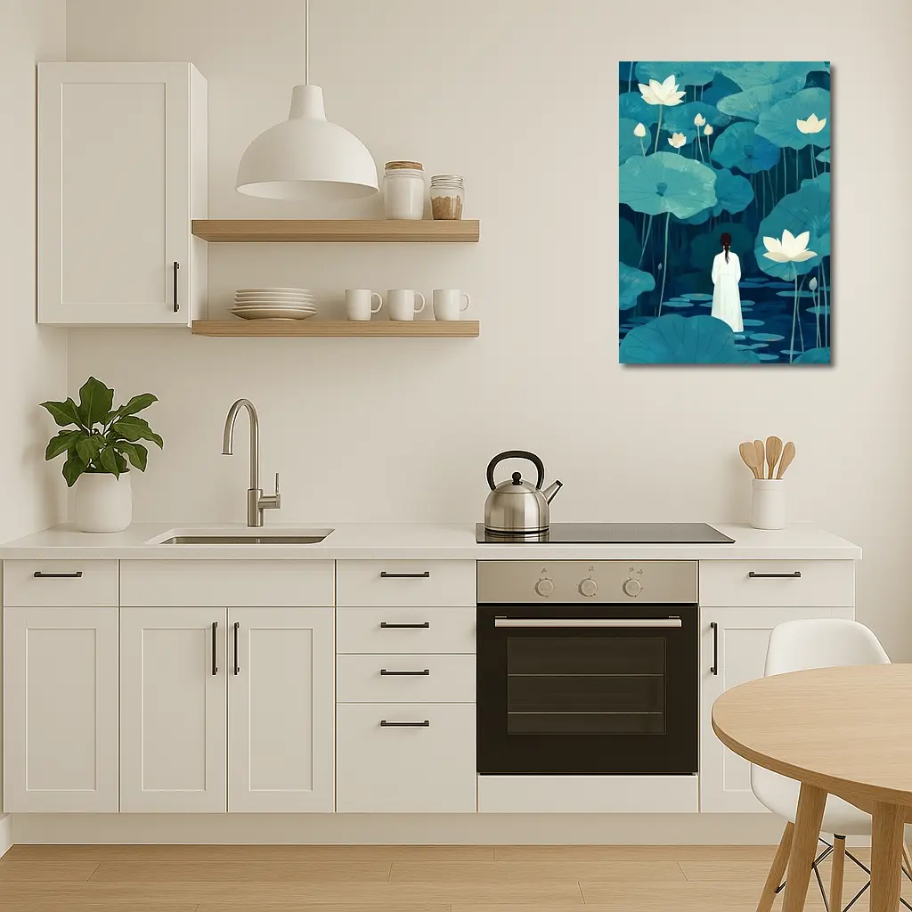 Woman Standing Among Blue Lotus Flowers – Wall Art