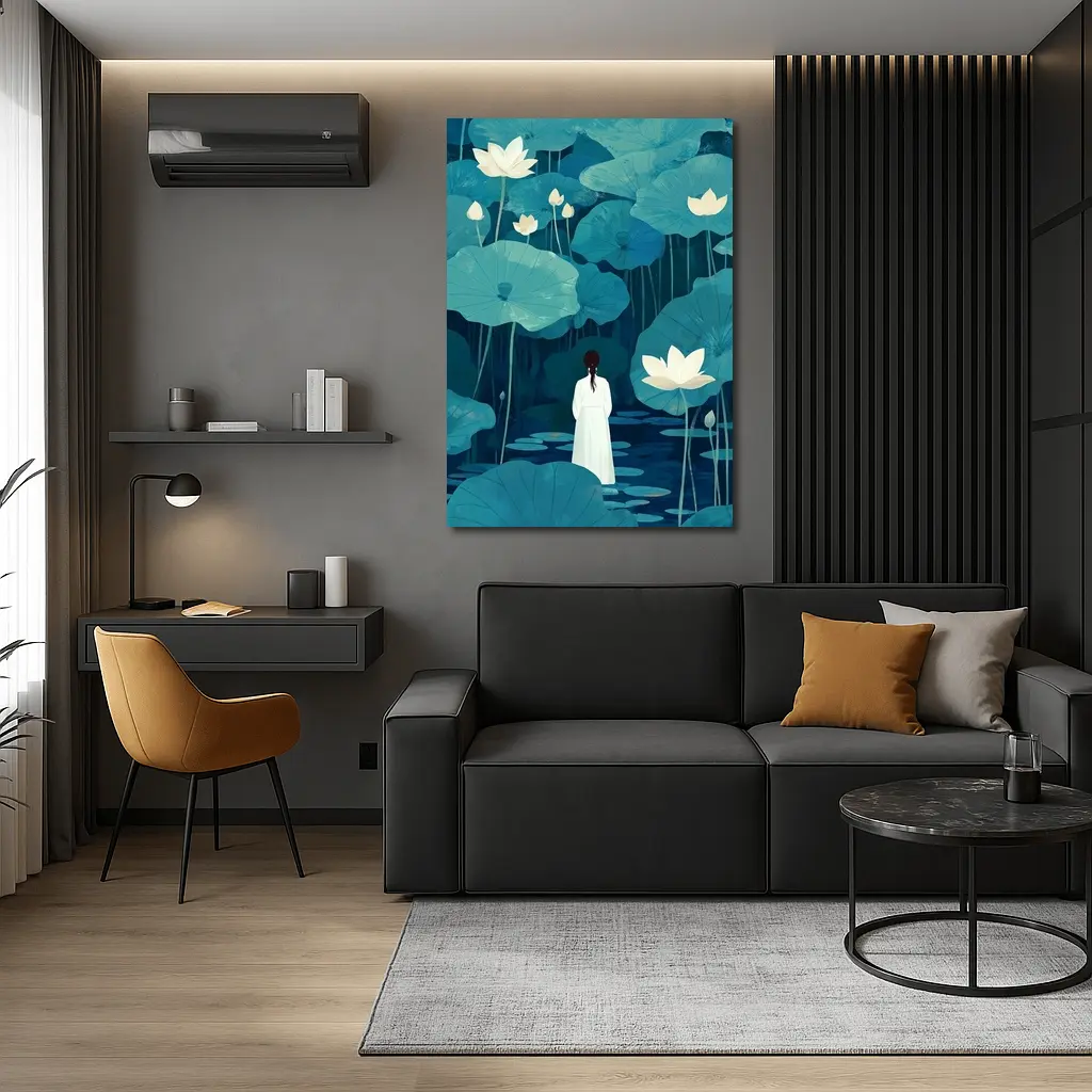 Woman Standing Among Blue Lotus Flowers – Wall Art