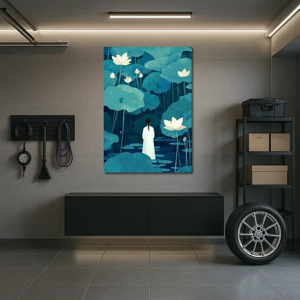 Woman Standing Among Blue Lotus Flowers – Wall Art