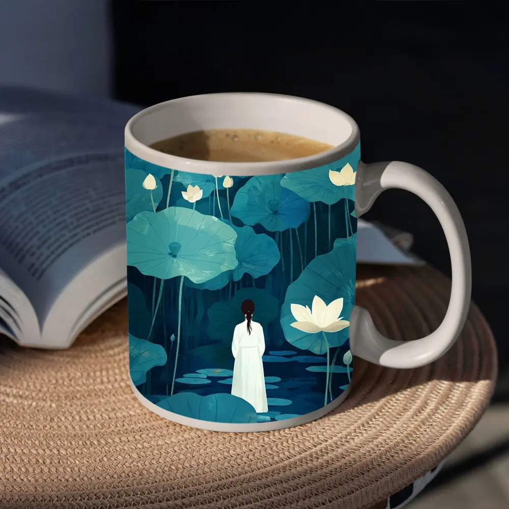 Woman Standing Among Blue Lotus Flowers – Mugs