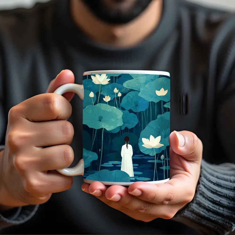 Woman Standing Among Blue Lotus Flowers – Mugs
