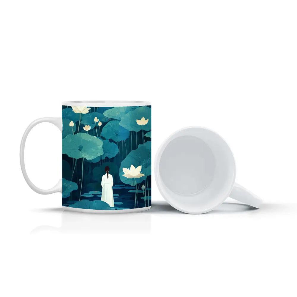 Woman Standing Among Blue Lotus Flowers – Mugs